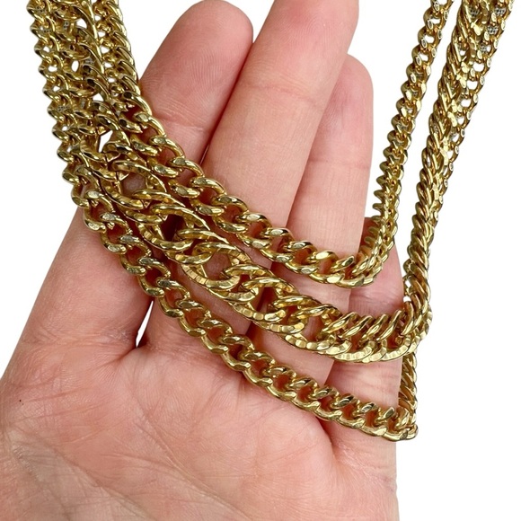 Chunky Gold Tone Curb Cuban Multi Chain Link Layered Necklace - Picture 2 of 7